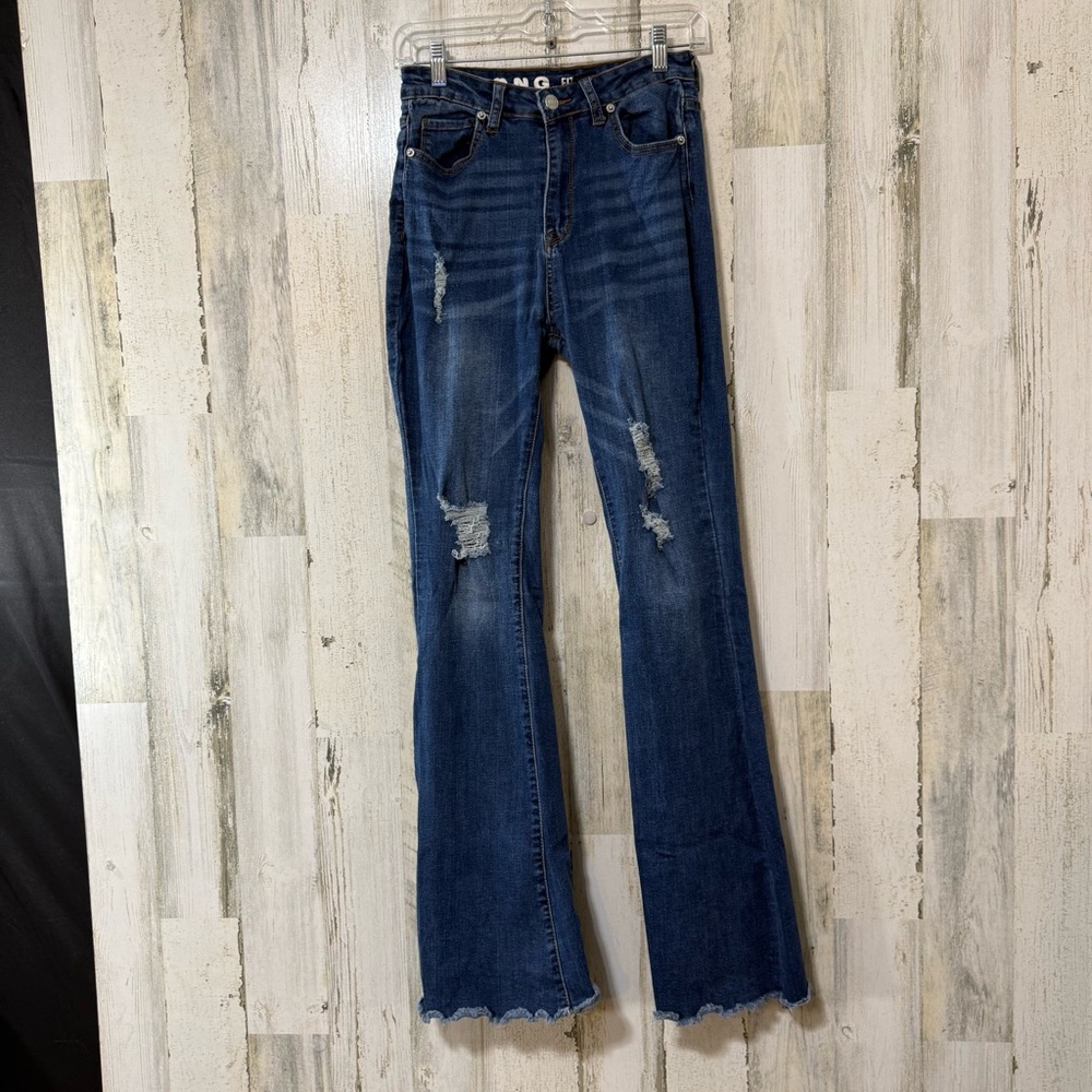 High-Rise Dark Blue Distressed Flare Jeans